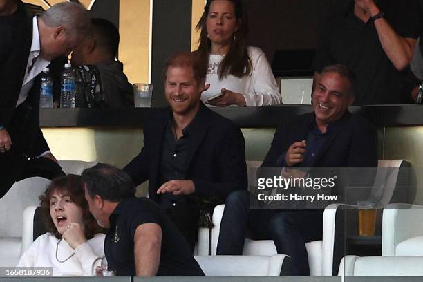 Prince Harry reacts during a match between Inter Miami CF and Los Angeles Football Club at BMO Stadium on September 03, 2023 in Los Angeles,...
