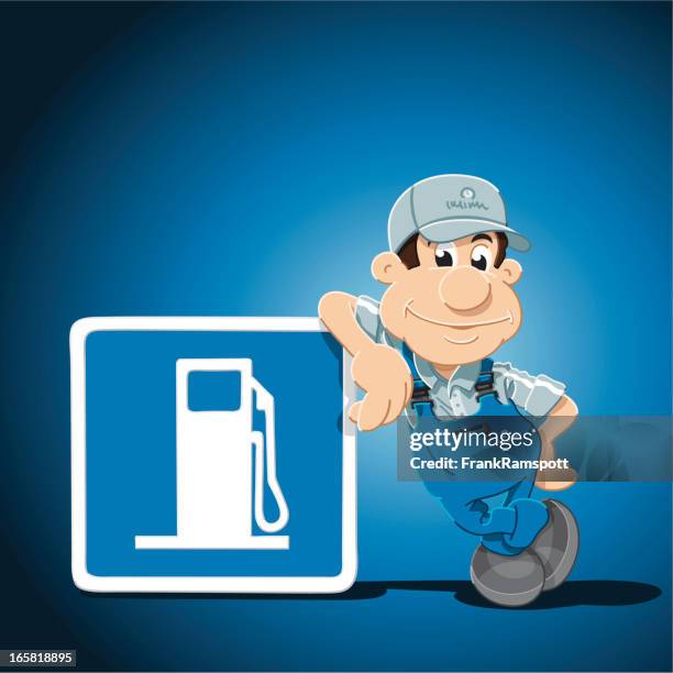 gas station attendant cartoon man leaning sign - gas station attendant stock illustrations