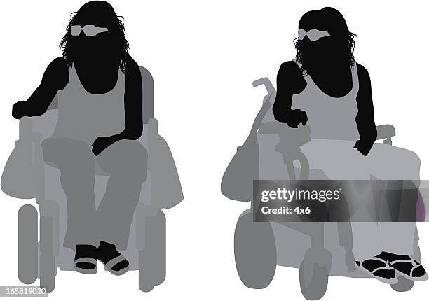 disabled woman in a motorized wheelchair - vest stock illustrations