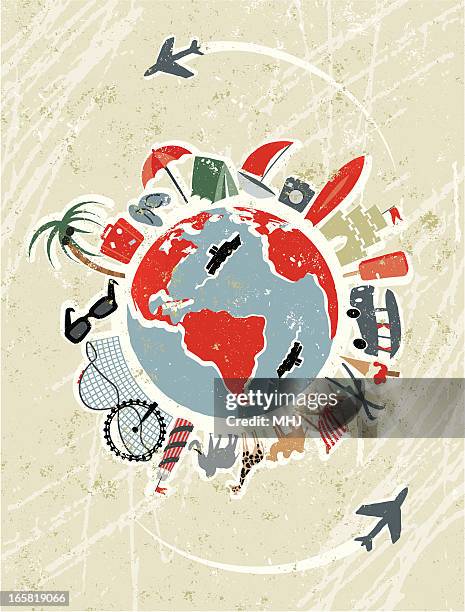 stockillustraties, clipart, cartoons en iconen met world map with vacation icons - safari animals