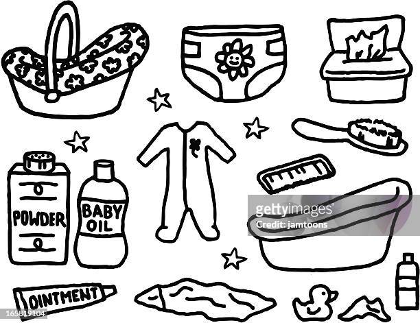 ilustraciones, imágenes clip art, dibujos animados e iconos de stock de artículos de cuidado de niños - baby powder