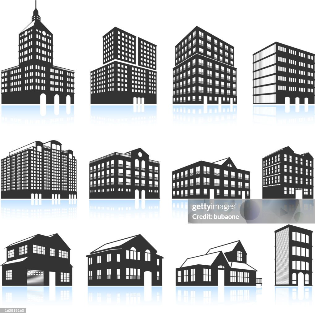 Immeubles d'appartements et appartements & noir et blanc vector icon set