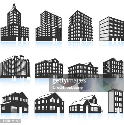 Apartment Buildings and Condominiums black & white vector icon set Apartment Buildings and Condominiums black & white vector icon set