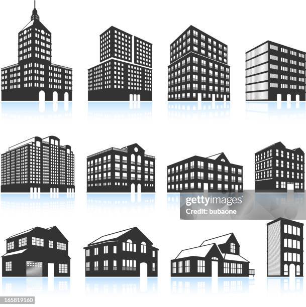 apartment buildings and condominiums black & white vector icon set - industrial loft stock illustrations