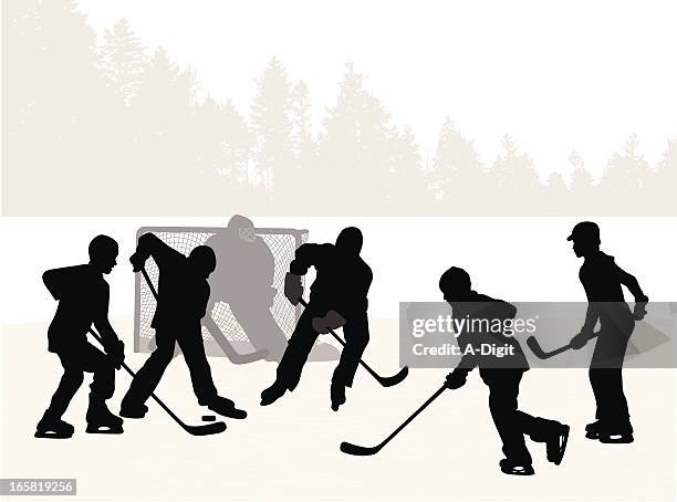 pond hockey vector silhouette - ice hockey stick stock illustrations