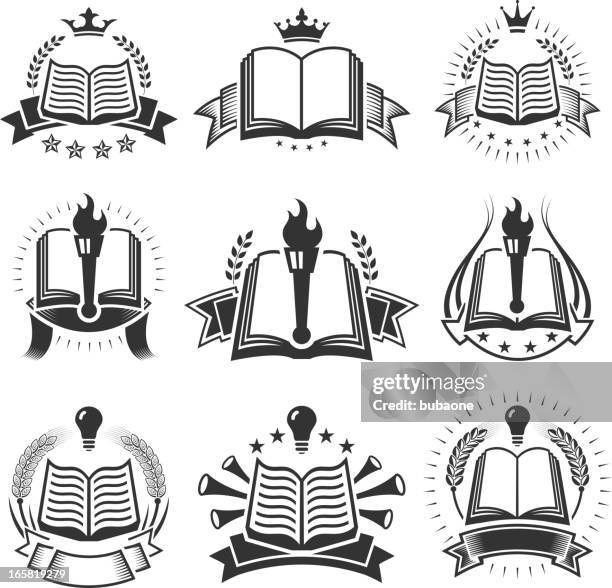 book badges black and white royalty free vector icon set - flaming torch stock illustrations