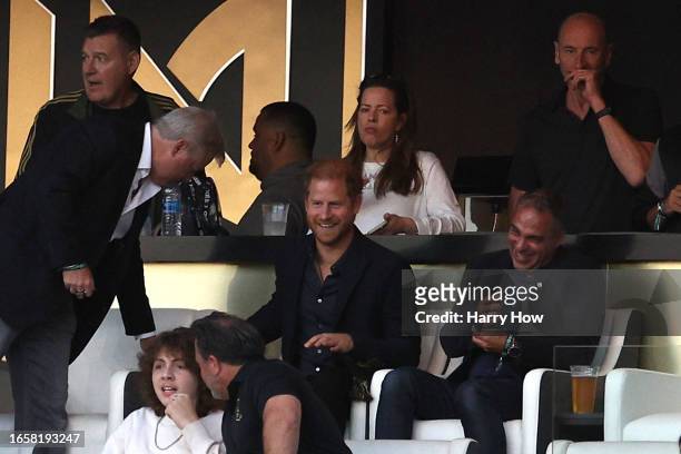 Prince Harry reacts during a match between Inter Miami CF and Los Angeles Football Club at BMO Stadium on September 03, 2023 in Los Angeles,...