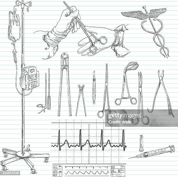 hospital surgical doodle sketches - medical tray stock illustrations