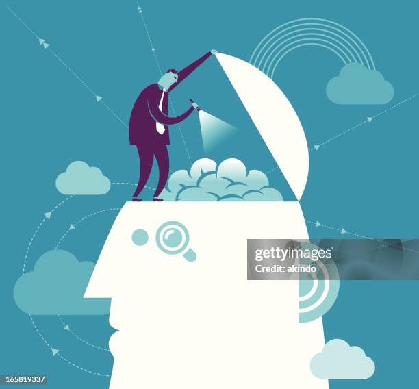 vector brain searching concept with man and head - open mind stock illustrations