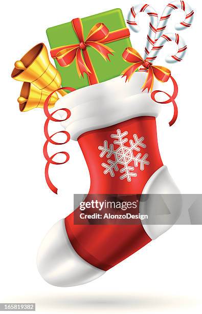 stockillustraties, clipart, cartoons en iconen met christmas stocking with gift - kerstkous