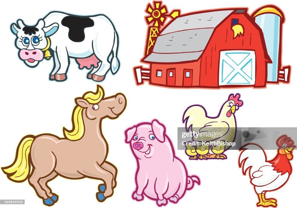 Cartoon Farm Animals - Cow, Pig, Horse, Chicken, Barn