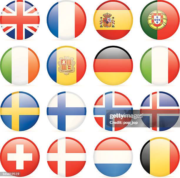runde flaggen-icons-westliche und nordeuropa-routen - dänische flagge stock-grafiken, -clipart, -cartoons und -symbole