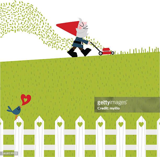 garden gnome mowing the lawn vector - birdsong 幅插畫檔、美工圖案、卡通及圖標