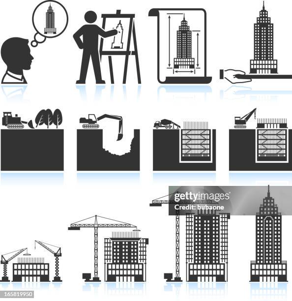 building and construction of skyscraper black & white icon set - crane machinery stock illustrations