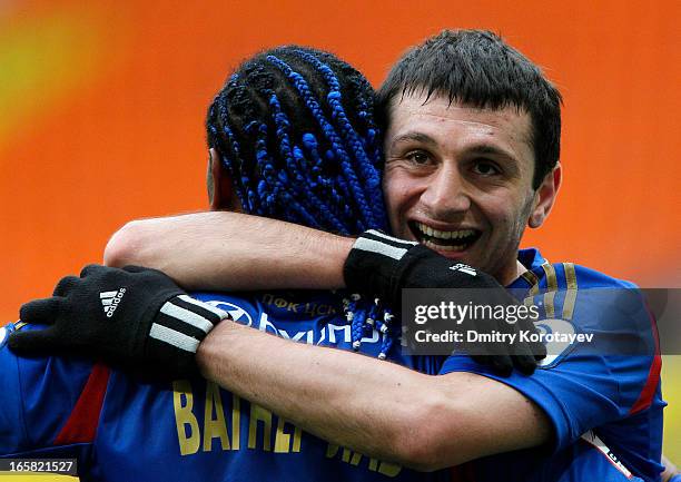 Vagner Love and Alan Dzagoev of PFC CSKA Moscow celebrate after scoring a goal during the Russian Premier League match between PFC CSKA Moscow and FC...