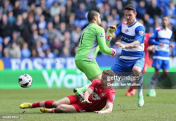 Jay Rodriguez of Southampton scores the opening goal past keeper Adam Federici of Reading during the Barclays Premier League match between Reading...