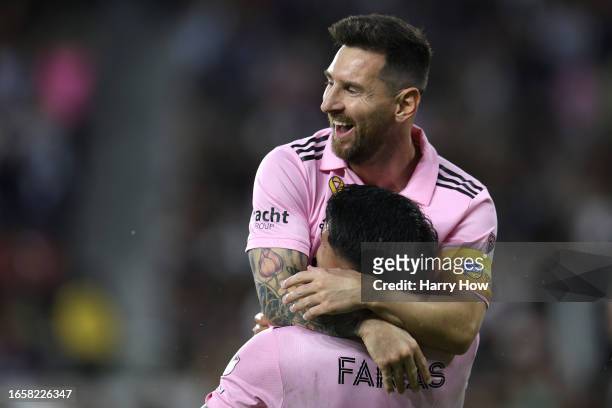 Facundo Farías of Inter Miami CF celebrates his goal with Lionel Messi in the first half during a match between Inter Miami CF and Los Angeles...