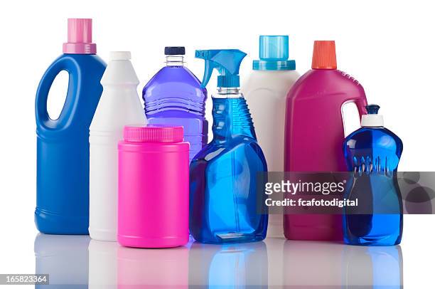 plastic bottles of chemical cleaning products on white backdrop - dishwashing liquid stock pictures, royalty-free photos & images