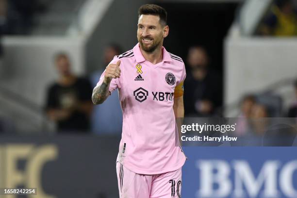 Lionel Messi of Inter Miami CF reacts after a play in the first half during a match between Inter Miami CF and Los Angeles Football Club at BMO...