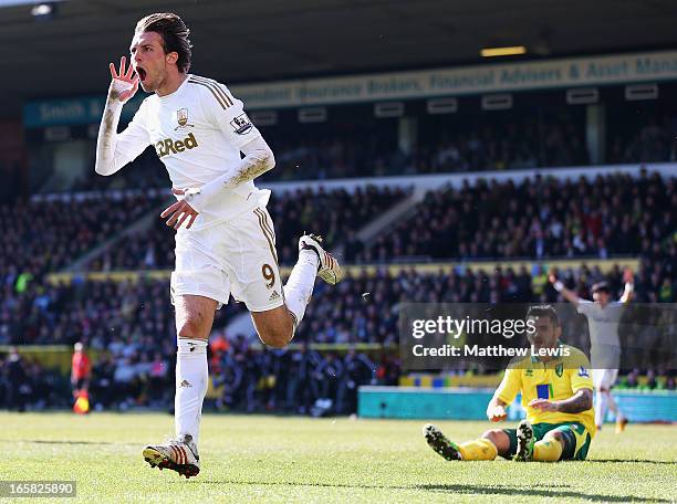 Michu of Swansea City celebrates his goal during the Barclays Premier League match between Norwich City and Swansea City at Carrow Road on April 6,...