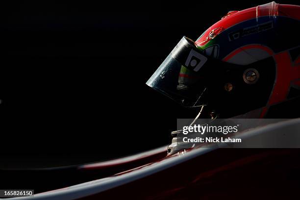 Justin Wilson of England, driver of the Dale Coyne Racing Honda sits in his car during practice for the Honda Indy Grand Prix of Alabama at Barber...