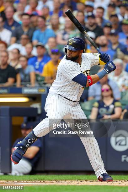 Carlos Santana of the Milwaukee Brewers at bat during a game against the Philadelphia Phillies at American Family Field on September 02, 2023 in...