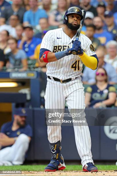 Carlos Santana of the Milwaukee Brewers at bat during a game against the Philadelphia Phillies at American Family Field on September 02, 2023 in...