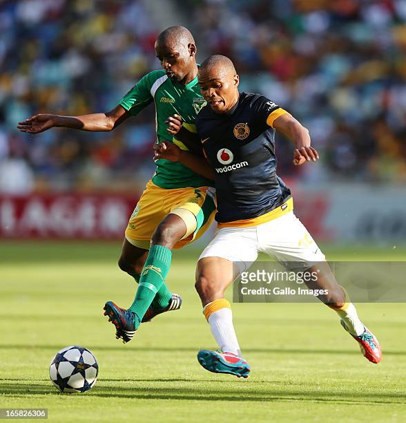Thanduyise Khuboni battles with Siyabonga Nkosi during the Absa Premiership match between Golden Arrows and Kaizer Chiefs at Moses Mabhida Stadium on...