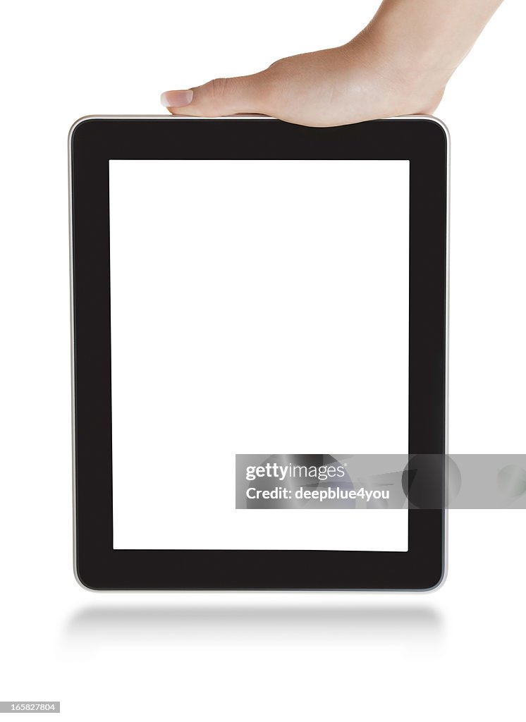 Woman hand holding black tablet pc with white screen isolated