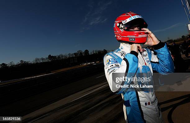 Simon Pagenaud of France, driver of the Schmidt Hamilton HP Motorsports Honda prepares for practice for the Honda Indy Grand Prix of Alabama at...