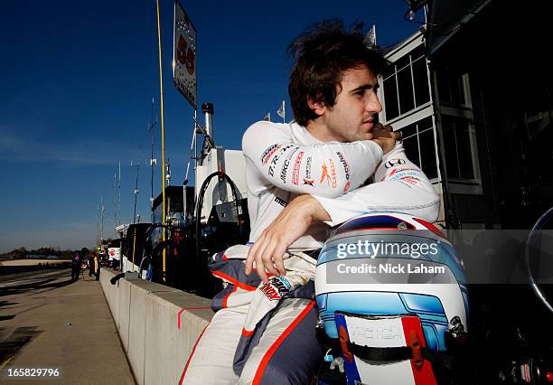 Tristan Vautier of France, driver of the Schmidt Peterson Motorsports Honda sits on pit wall after practice for the Honda Indy Grand Prix of Alabama...