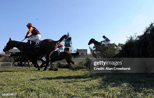 Ryan Mania riding Auroras Encore clear the 19th fence on their way to winning The John Smith's Grand National Steeple Chase at Aintree racecourse on...