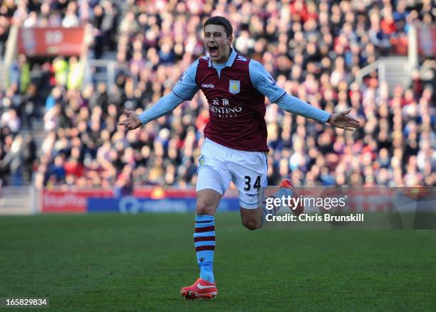 Matthew Lowton of Aston Villa celebrates scoring his team's second goal to make the score 1-2 during the Barclays Premier League match between Stoke...