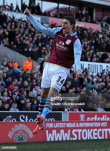 Matthew Lowton of Aston Villa celebrates scoring his team's second goal to make the score 1-2 during the Barclays Premier League match between Stoke...