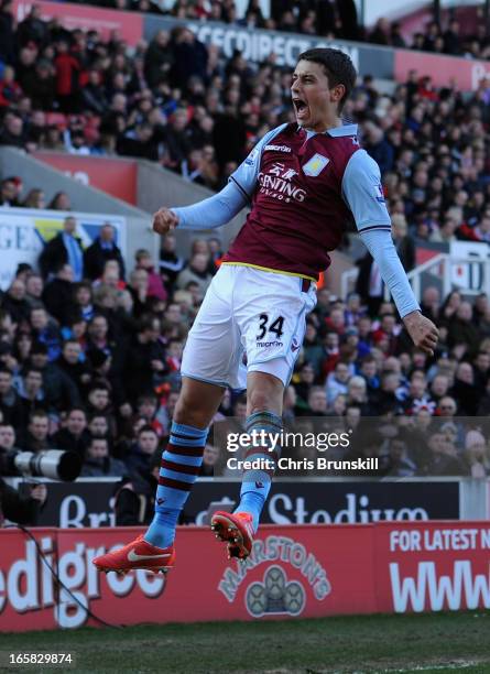 Matthew Lowton of Aston Villa celebrates scoring his team's second goal to make the score 1-2 during the Barclays Premier League match between Stoke...