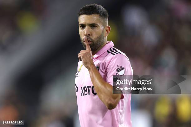 Jordi Alba of Inter Miami CF reacts after scoring a goal in the second half during a match between Inter Miami CF and Los Angeles Football Club at...