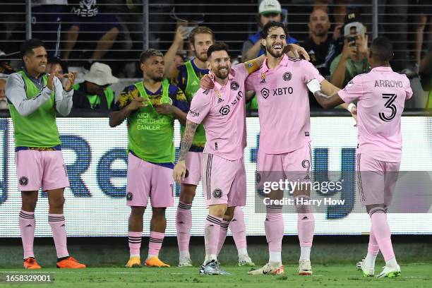 Leonardo Campana of Inter Miami CF celebrates with Lionel Messi and teammates after scoring a goal in the second half during a match between Inter...