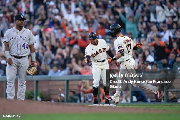 Mitch Haniger of the San Francisco Giants hits a home run in a game against the Colorado Rockies at Oracle Park on September 10, 2023 in San...
