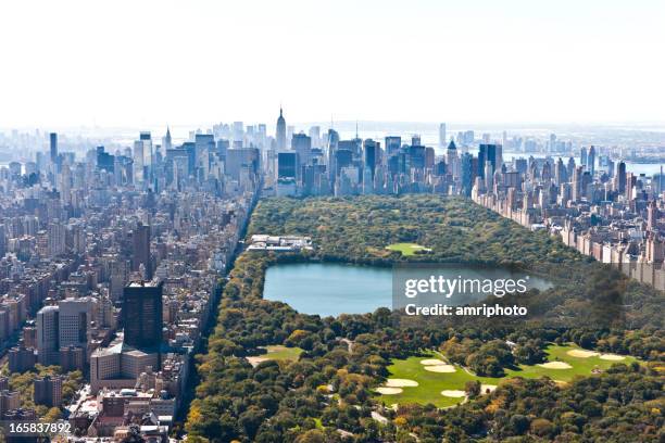 central park manhattan aerial view - central park water stock pictures, royalty-free photos & images