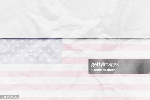 faded transluscent united states flag design with modern torn paper cutting border of white horizontal creased crumpled paper vector background with copy space and creases - translucent texture stock illustrations