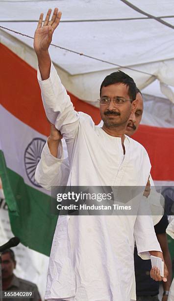 Aam Admi Party leader Arvind Kejriwal after he broke his 15 day old fast against inflated power and water bills at Sunder Nagari on April 6, 2013 in...