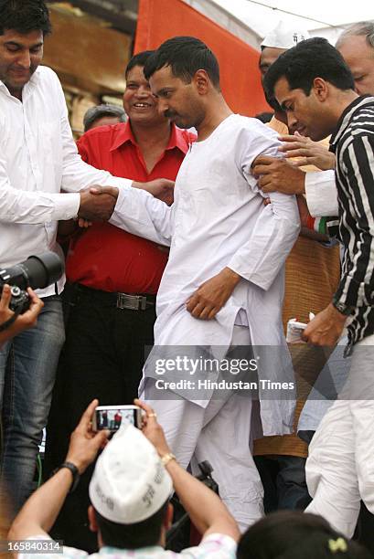 Aam Admi Party leader Arvind Kejriwal after he broke his 15 day old fast against inflated power and water bills at Sunder Nagari on April 6, 2013 in...