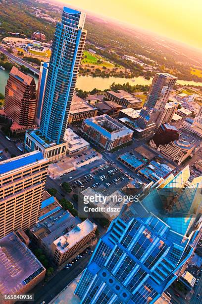 austin texas skyscrapers aerial skyline at sunset from helicopter - austin texas sunset stock pictures, royalty-free photos & images
