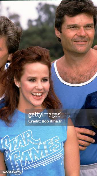 Actress Linda Blair and Fred Willard during filming of Star Games Challenge at the University California Santa Barbara, June 15, 1985 in Santa...