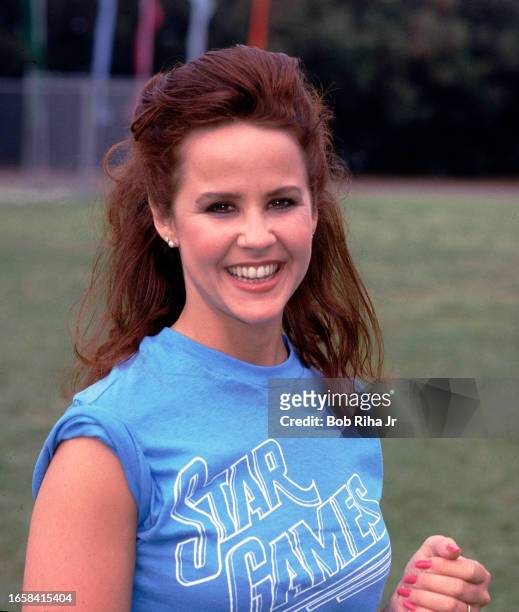Actress Linda Blair during filming of Star Games Challenge at the University California Santa Barbara, June 15, 1985 in Santa Barbara,California.