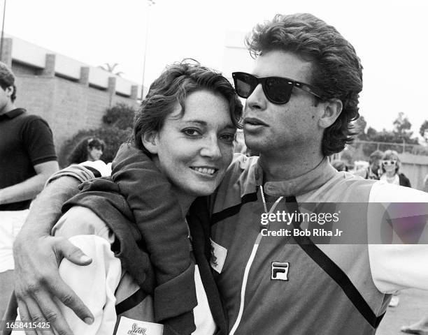 Actress Sarah Douglas and Actor Lorenzo Lamas during filming of Star Games Challenge at the University California Santa Barbara, June 15, 1985 in...