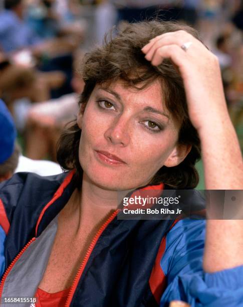 Actress Sarah Douglas during filming of Star Games Challenge at the University California Santa Barbara, June 15, 1985 in Santa Barbara,California.