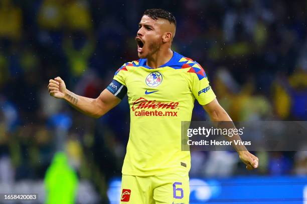 Jonathan Dos Santos of America celebrates after the team's first goal during the 7th round match between Cruz Azul and America as part of the Torneo...