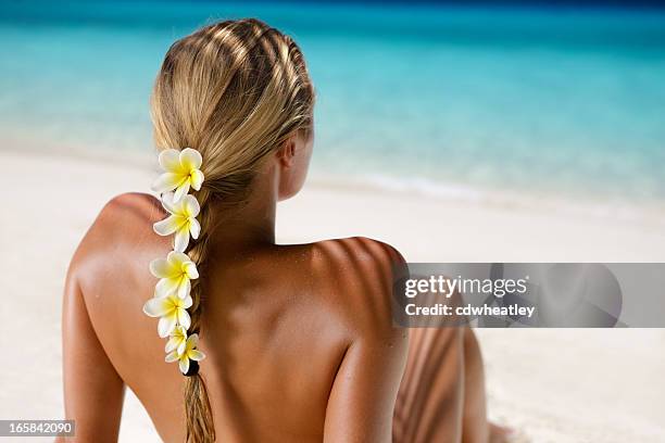 woman with frangipani in hair sunbathing at the caribbean beach - tanned body stock pictures, royalty-free photos & images