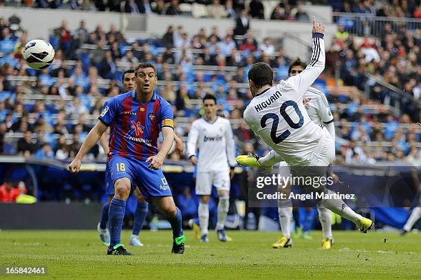 Gonzalo Higuain of Real Madrid scores the equalising goal during the La Liga match between Real Madrid and Levante at Estadio Santiago Bernabeu on...